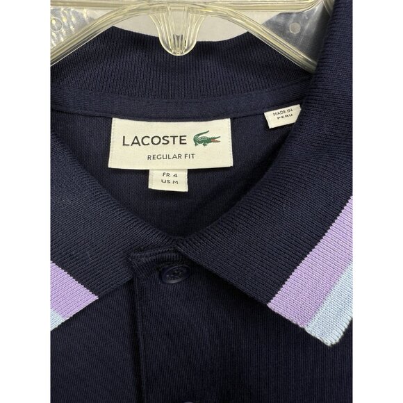 Lacoste Mens Medium Navy Polo Shirt Blue Purple Stripe Collar Regular Fit Cotton - Picture 4 of 7